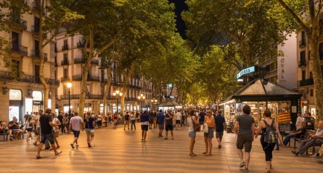 Evening crowds under plane trees on La Rambla, Barcelona