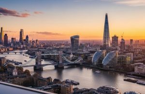 Where to Eat in London Near the Big Sights (London Eye, Tower Bridge & More) Sunset skyline of London with Tower Bridge, the Shard and the River Thames