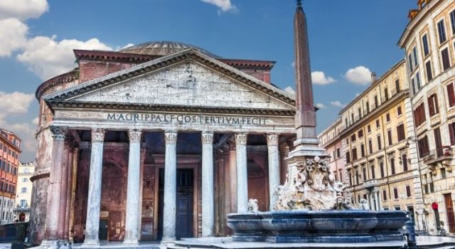 Rome’s Pantheon with the Piazza della Rotonda fountain and obelisk on a sunny afternoon