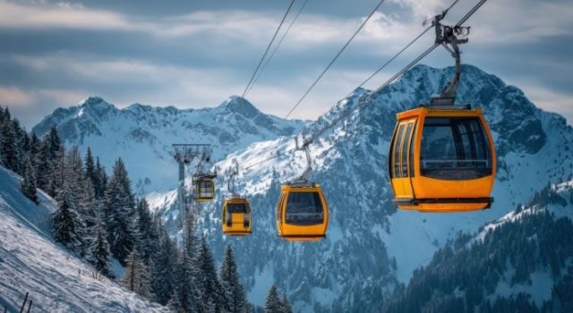 Yellow cable cars ascending Mont Salève in winter, offering panoramic views and access to hiking trails known as the Balcony of Geneva.