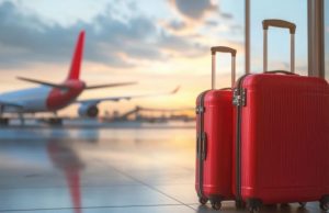 Rome Airport to City Center: Metro, Train or Bus? (2026 Guide) Red suitcases at Rome airport terminal with an airplane in the background, representing transport options from Rome airport to the city center.