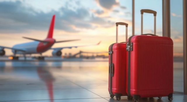 Red suitcases at Rome airport terminal with an airplane in the background, representing transport options from Rome airport to the city center.