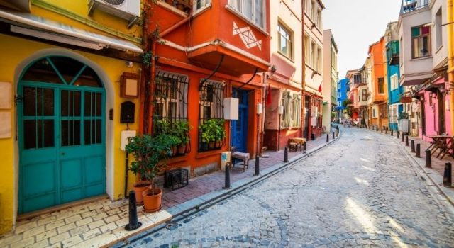 Colorful historic houses and cobblestone street in Balat neighborhood, Istanbul