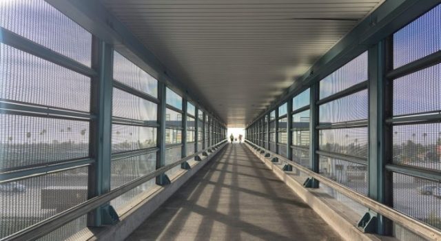 Pedestrian walkway connecting Istanbul Airport metro station to transport lines for city center access